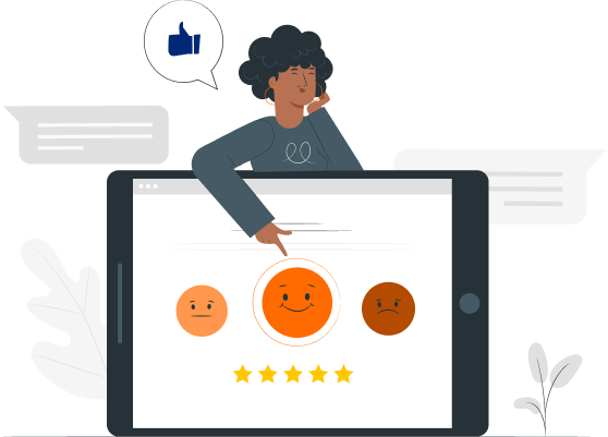 Garota em minhatura aponta para um tablet com imagens de satisfeito e não-satisfeito remetendo a ideia de avaliação de serviço